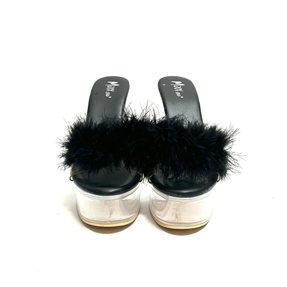 Vintage 1990s black marabou feather see thru plastic platform stripper heels